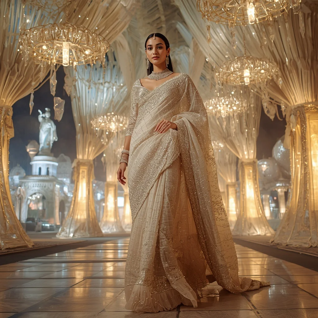 Crystal Fashion Canopy Saree with Floating Celebration Boulevard | Best Prompt For Traditional Look For Girl Chatgpt