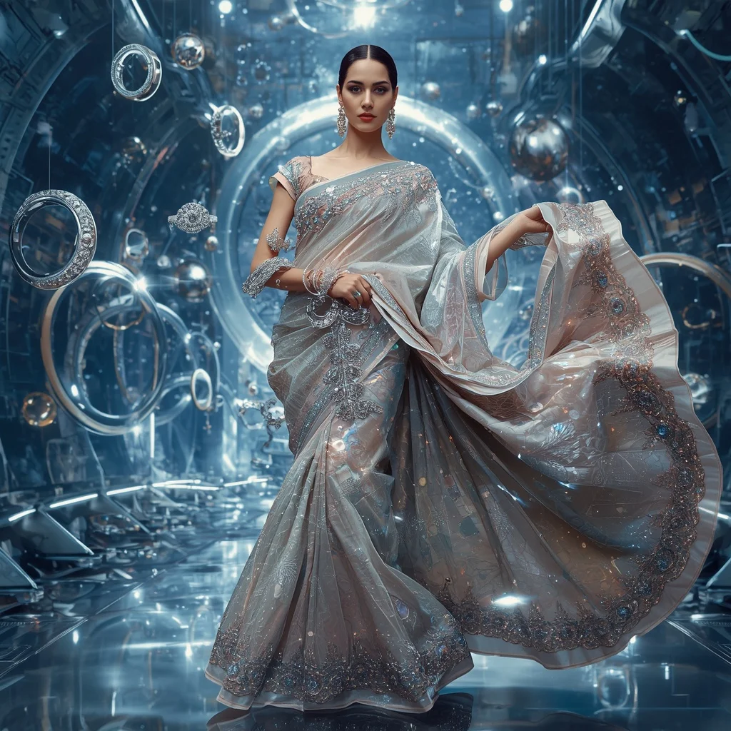 Crystal Fashion Galaxy Saree with Floating Luxury Ring Metropolis | Easy Ai Prompt