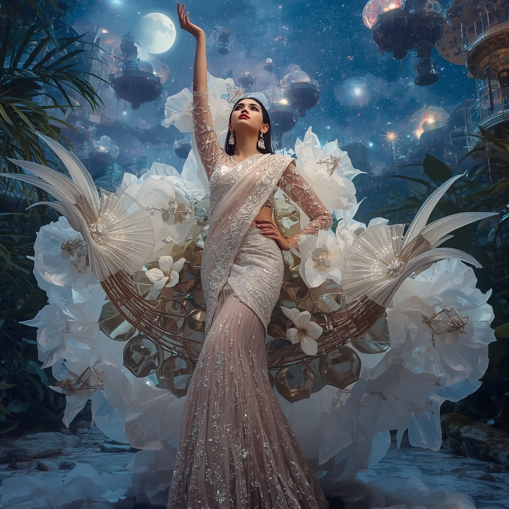 Crystal Fashion Observatory Saree with Floating Luxury Telescope Gardens | Makeup Ai Prompt