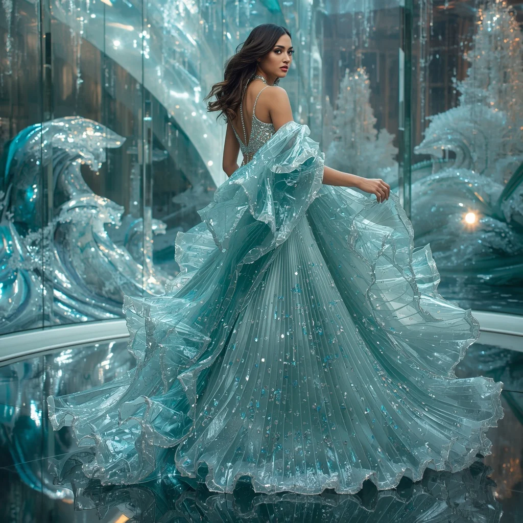 Crystal Fashion Wave Saree with Infinity Glass Atrium Realm | Instagram Highlight Cover Ai Prompt