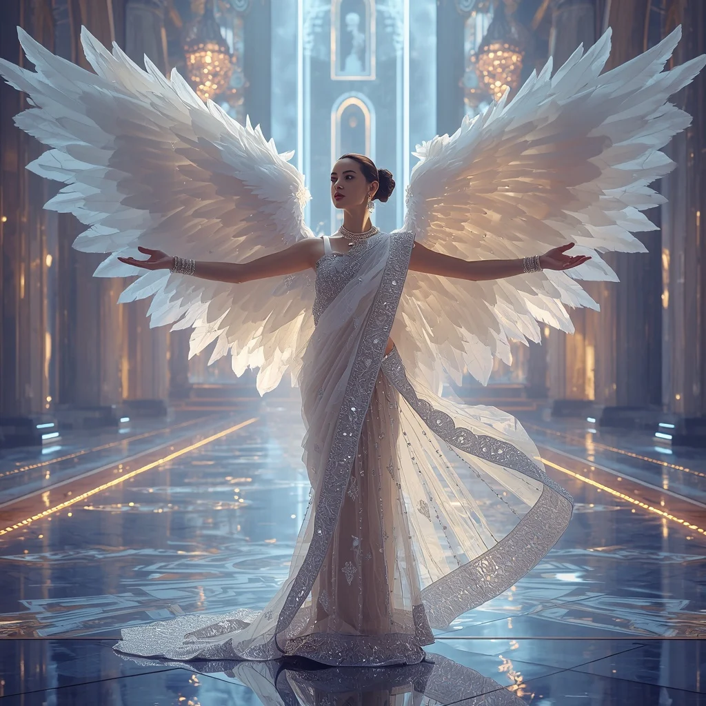 Crystal Feather Cathedral Saree with Floating Wing Sanctuary Realm | Prompt Ai For Girl Instagram