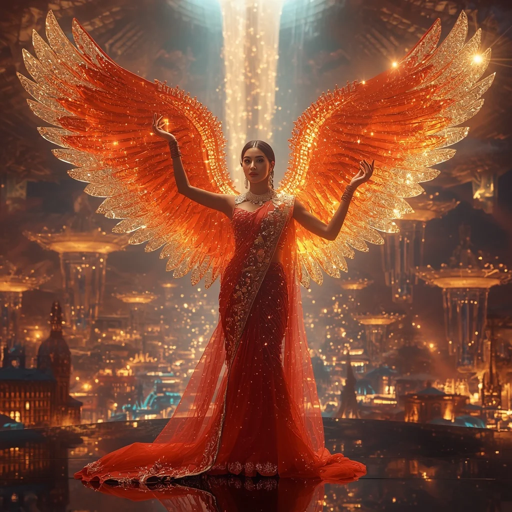 Crystal Firebird Arena Saree with Floating Phoenix Festival Empire | Instagram Carousel Ai Prompt