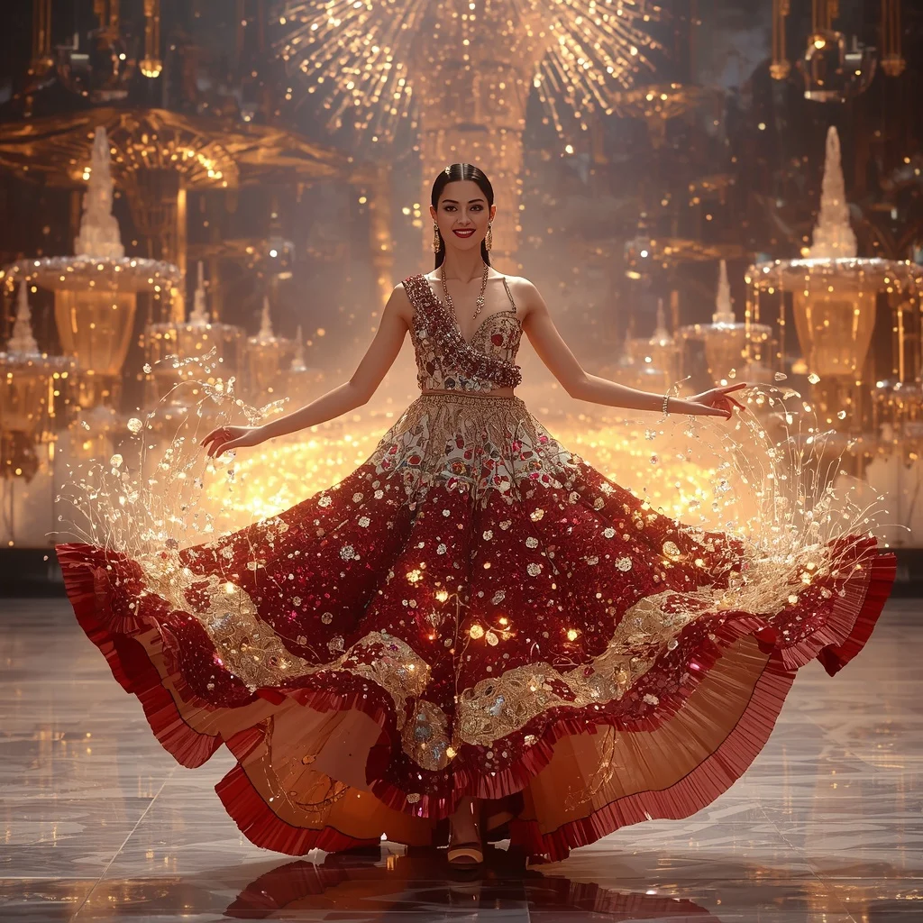 Crystal Firework Fountain Saree with Floating Celebration Paradise | Festive Prompt