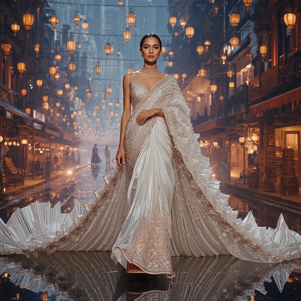Crystal Floating Bazaar Saree with Hanging Lantern Sky Streets | Prompt For Gemini AI Girl Model