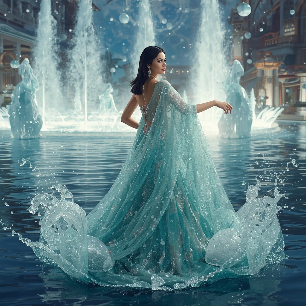 Crystal Floating Fountain Saree with Luxury Water Plaza Kingdom | Prompt For Gemini AI Girl Trending