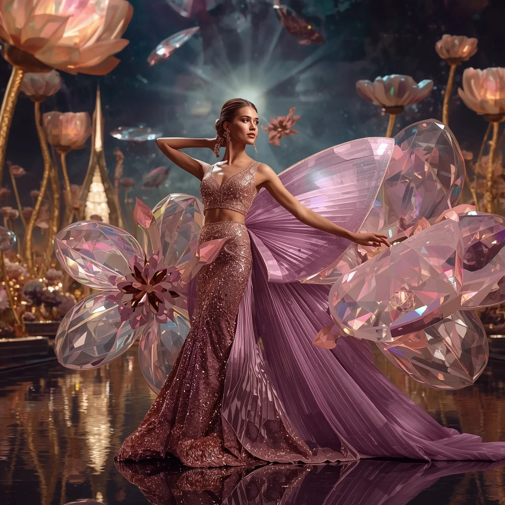 Crystal Geometric Bloom Saree with Luxury Sculpture Garden Universe | Prompt AI For Girl