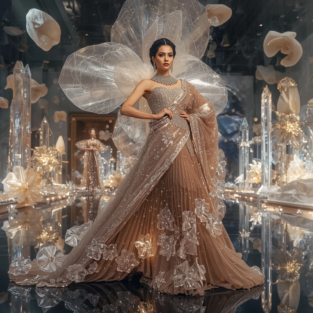 Crystal Geometric Petal Saree with Contemporary Fashion Sculpture Realm | Attitude Girl Prompt