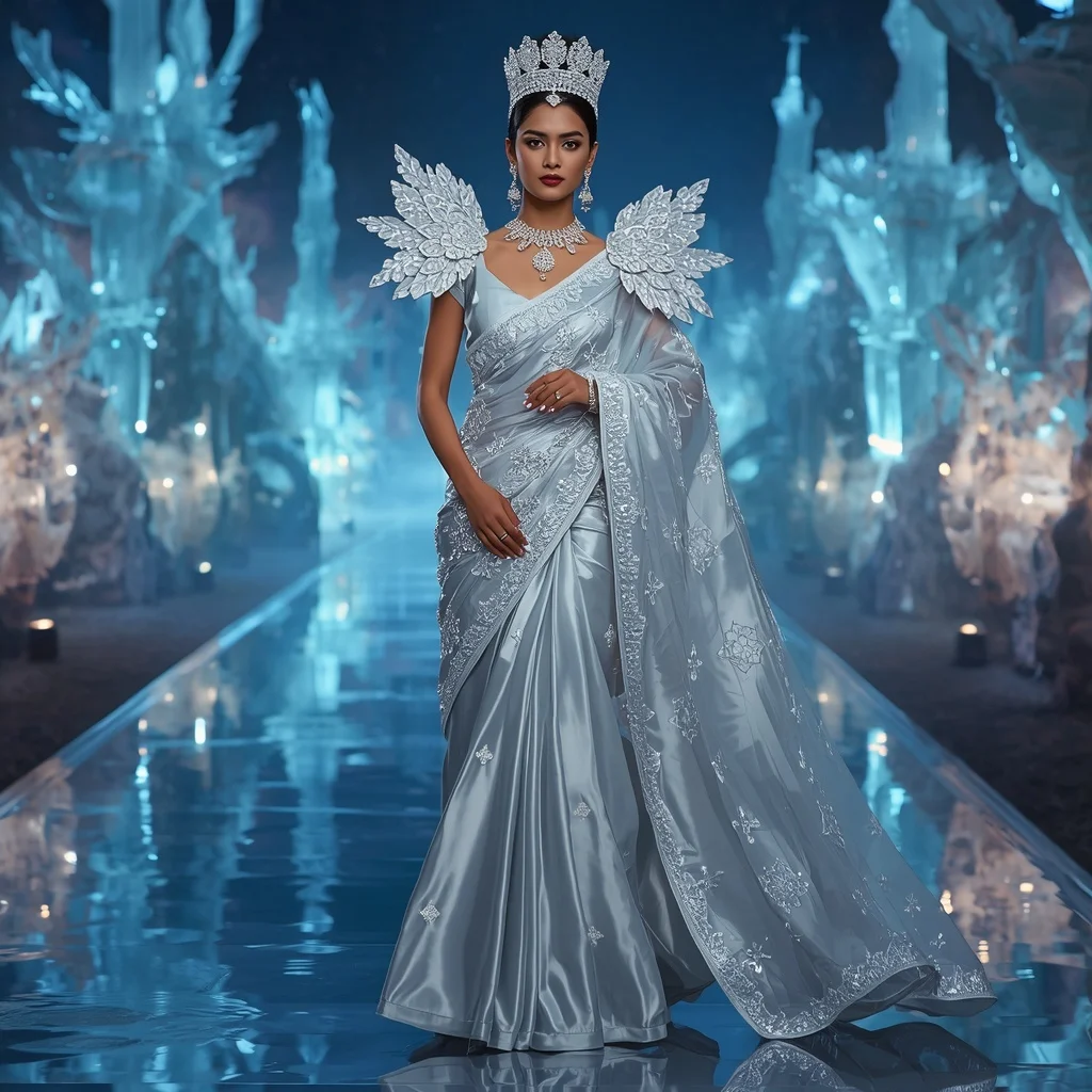 Crystal Glacier Garden Palace Saree with Frozen Reflection Empire | Image To Prompt