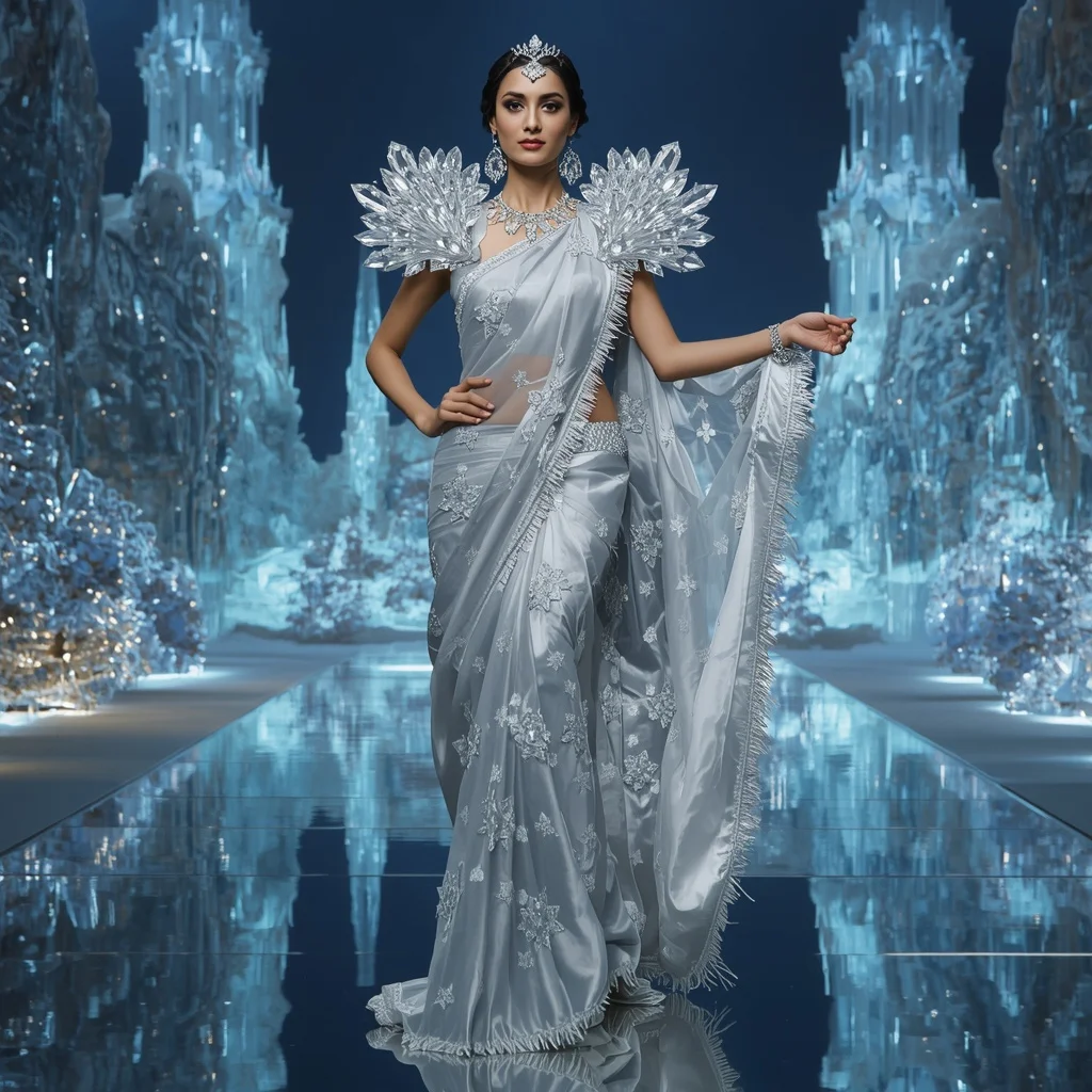 Crystal Glacier Garden Palace Saree with Frozen Reflection Empire | Fashion Ai Prompt