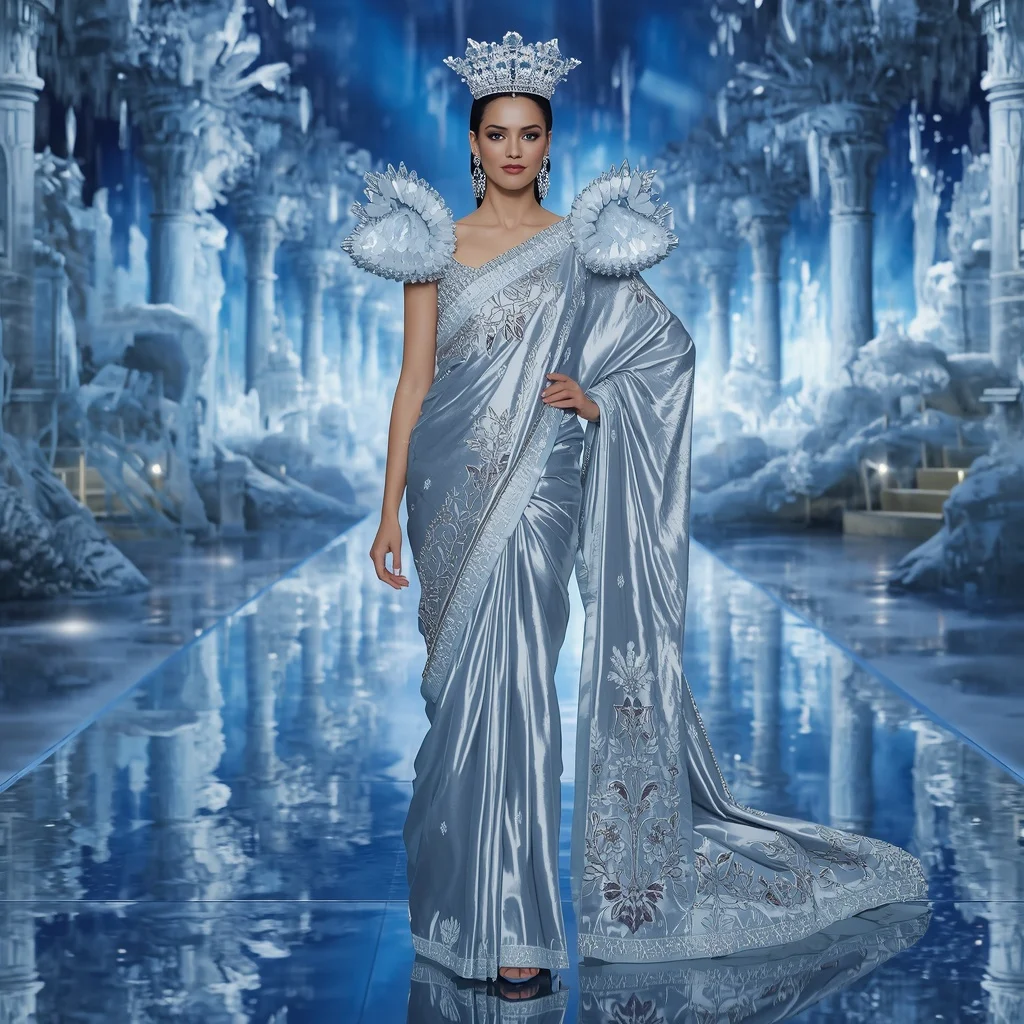 Crystal Glacier Garden Palace Saree with Frozen Reflection Empire | New Instagram Trend Prompt For Girl Attitude