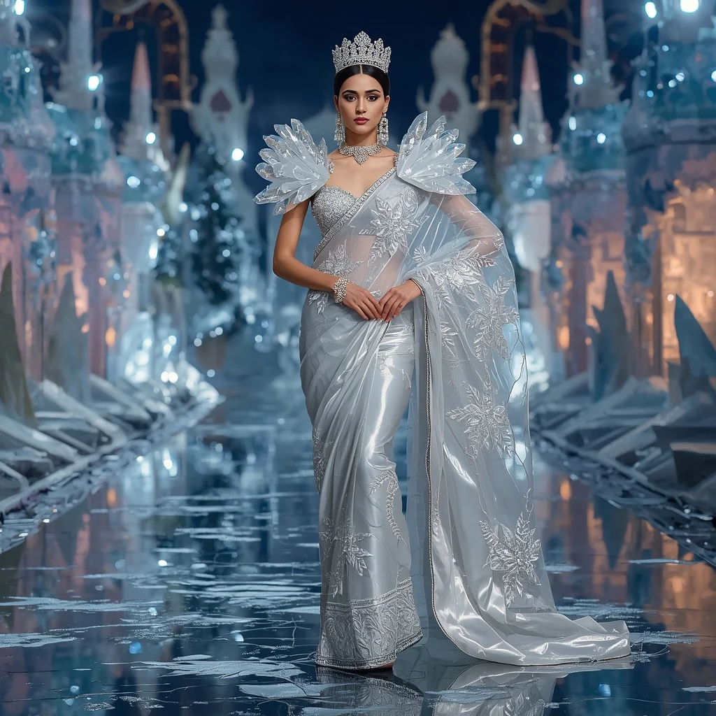 Crystal Glacier Garden Palace Saree with Frozen Reflection Empire | Ai Portrait Prompt