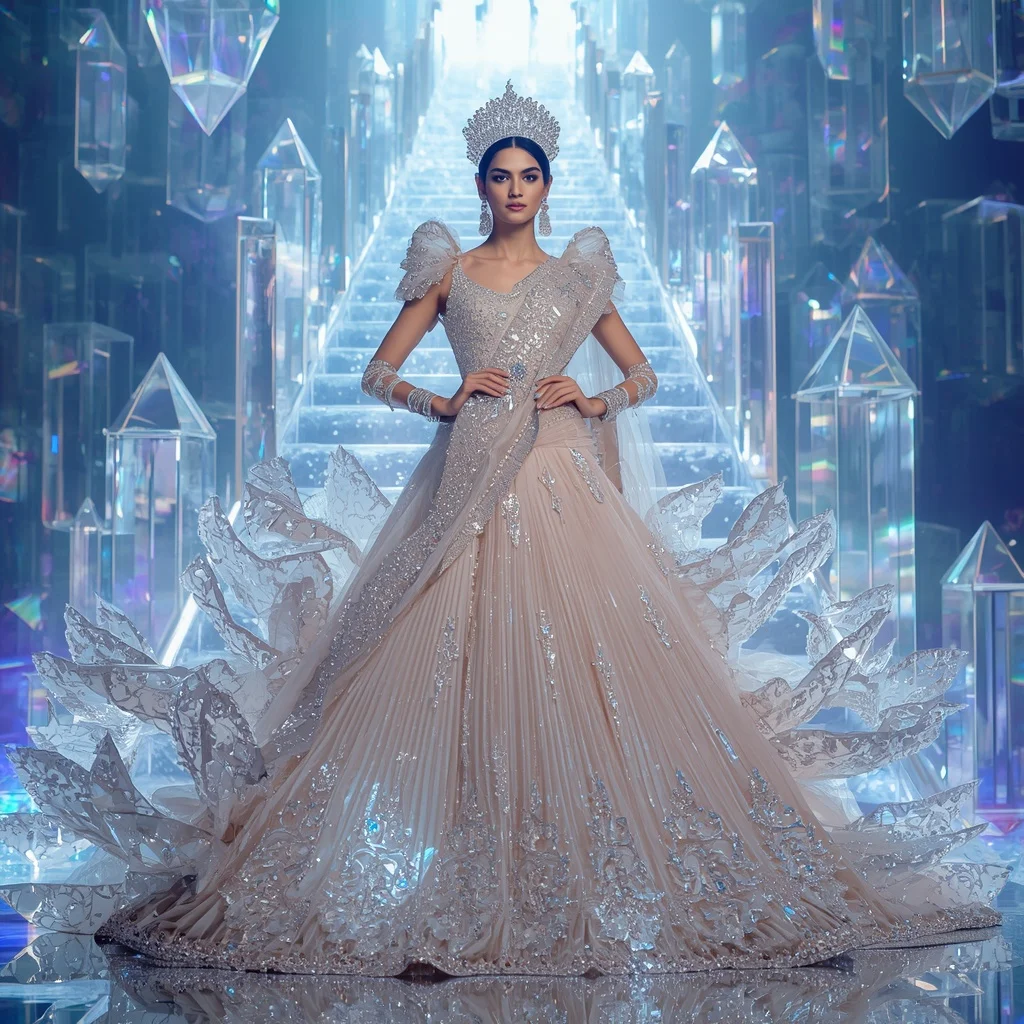 Crystal Glass Castle Saree with Floating Prism Stairway Kingdom | Ideogram Ai Prompt