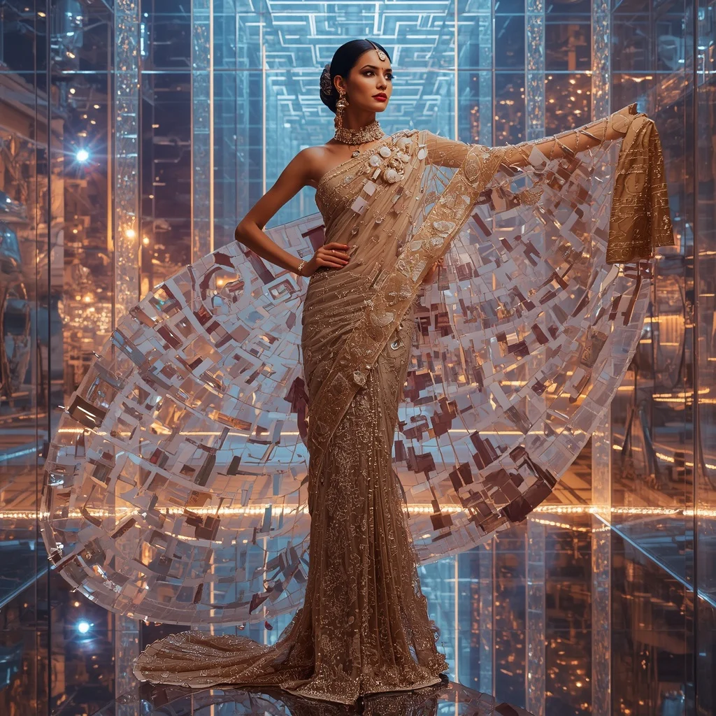 Crystal Glass Labyrinth Saree with Floating Reflection Maze Universe | Prompt Engineering
