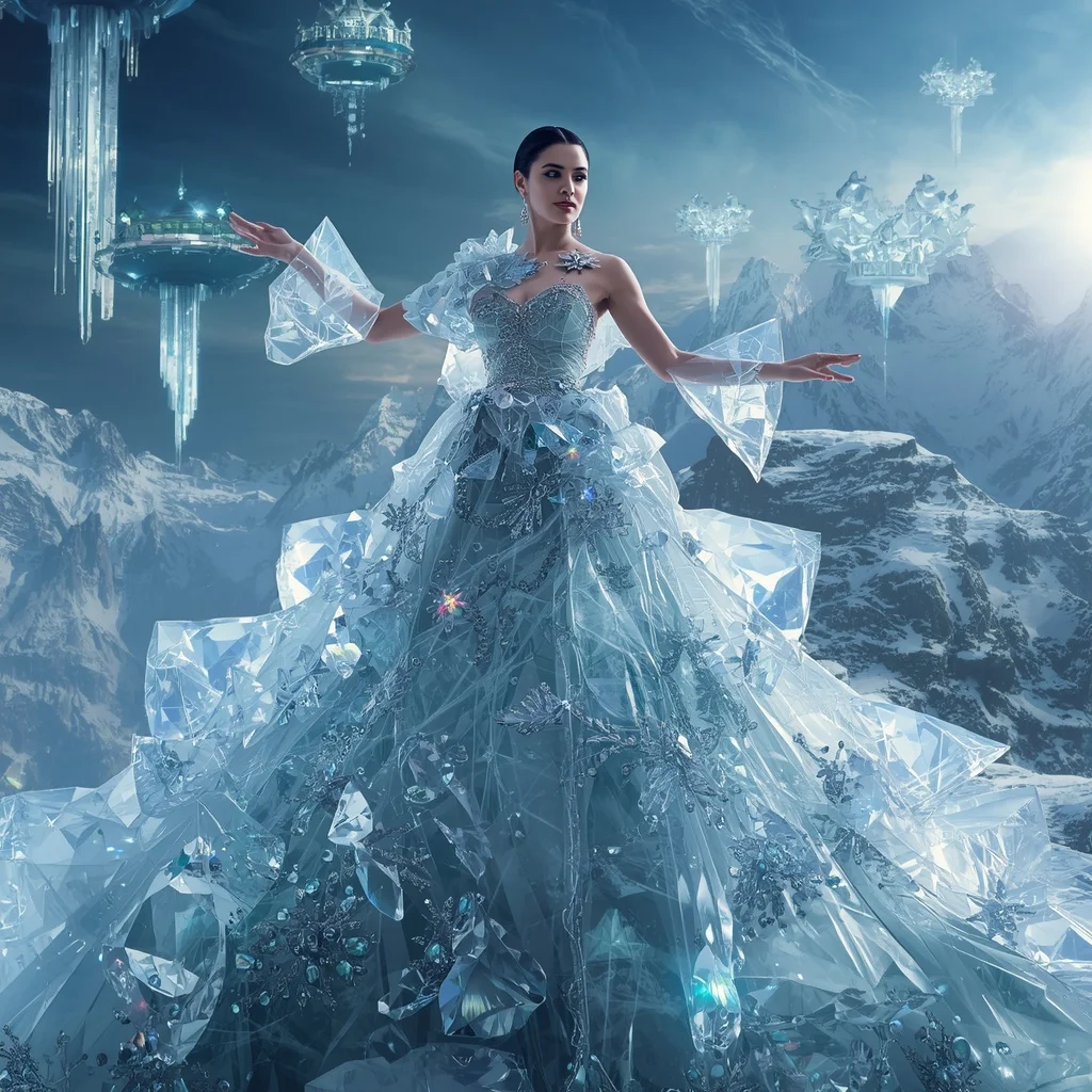 Crystal Glass Mountain Saree with Floating Alpine Sky Empire | Ai Image Generator Prompt