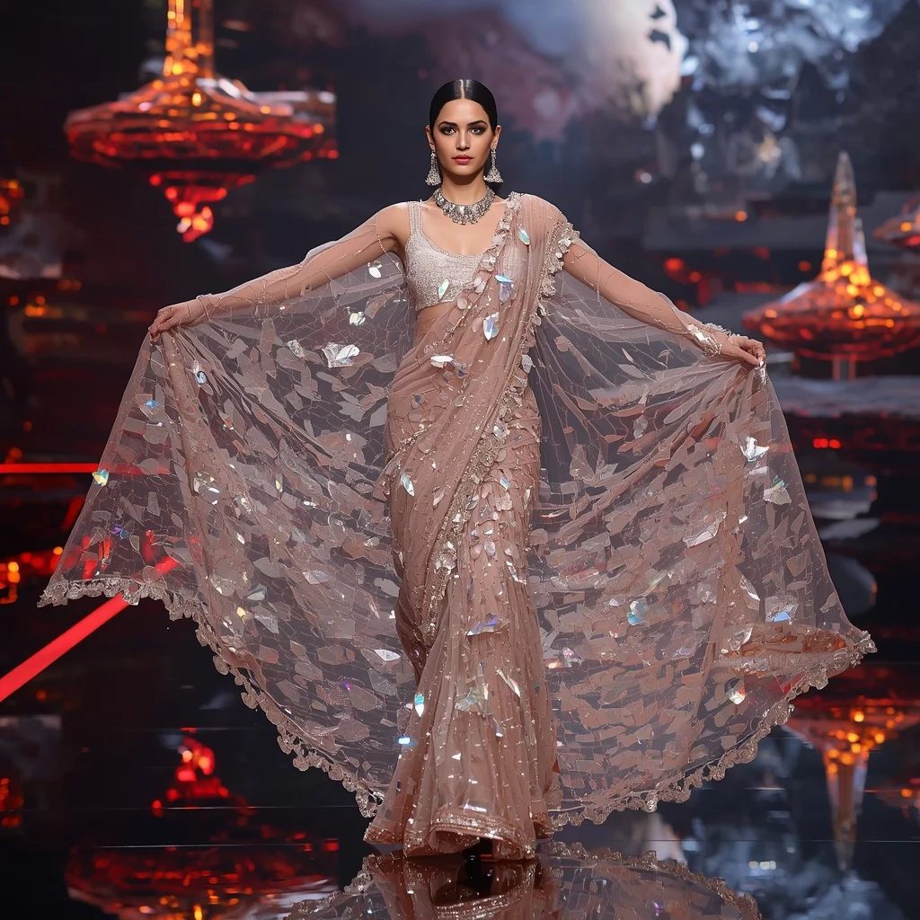Crystal Glass Volcano Saree with Floating Prism Lava Kingdom | Instagram Reel Ai Prompt