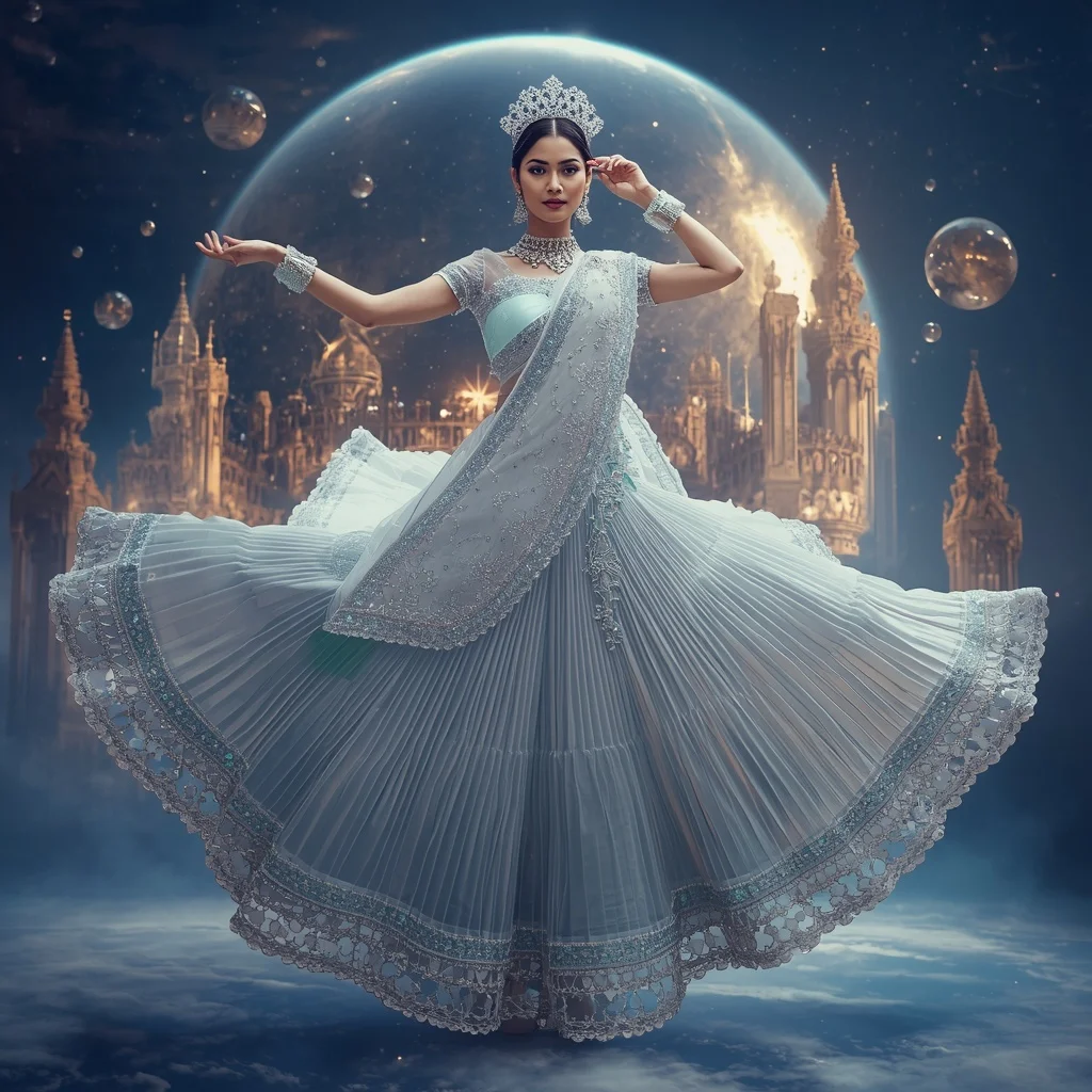 Crystal Gravity Crown Saree with Floating Anti-Gravity Royal Sphere | Prompt Generator