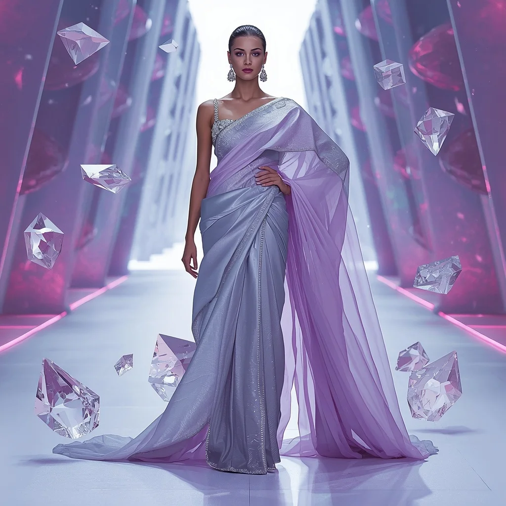 Crystal Gravity Fold Saree with Suspended Geometric Layers | Instagram Photography Ai Prompt