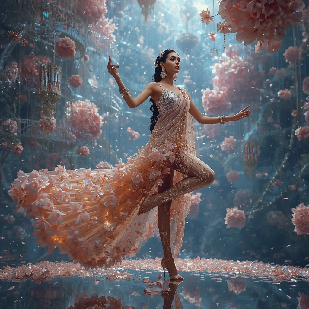 Crystal Gravity Garden Saree with Floating Anti-Gravity Bloom Kingdom | Indian Girl Ai Prompt