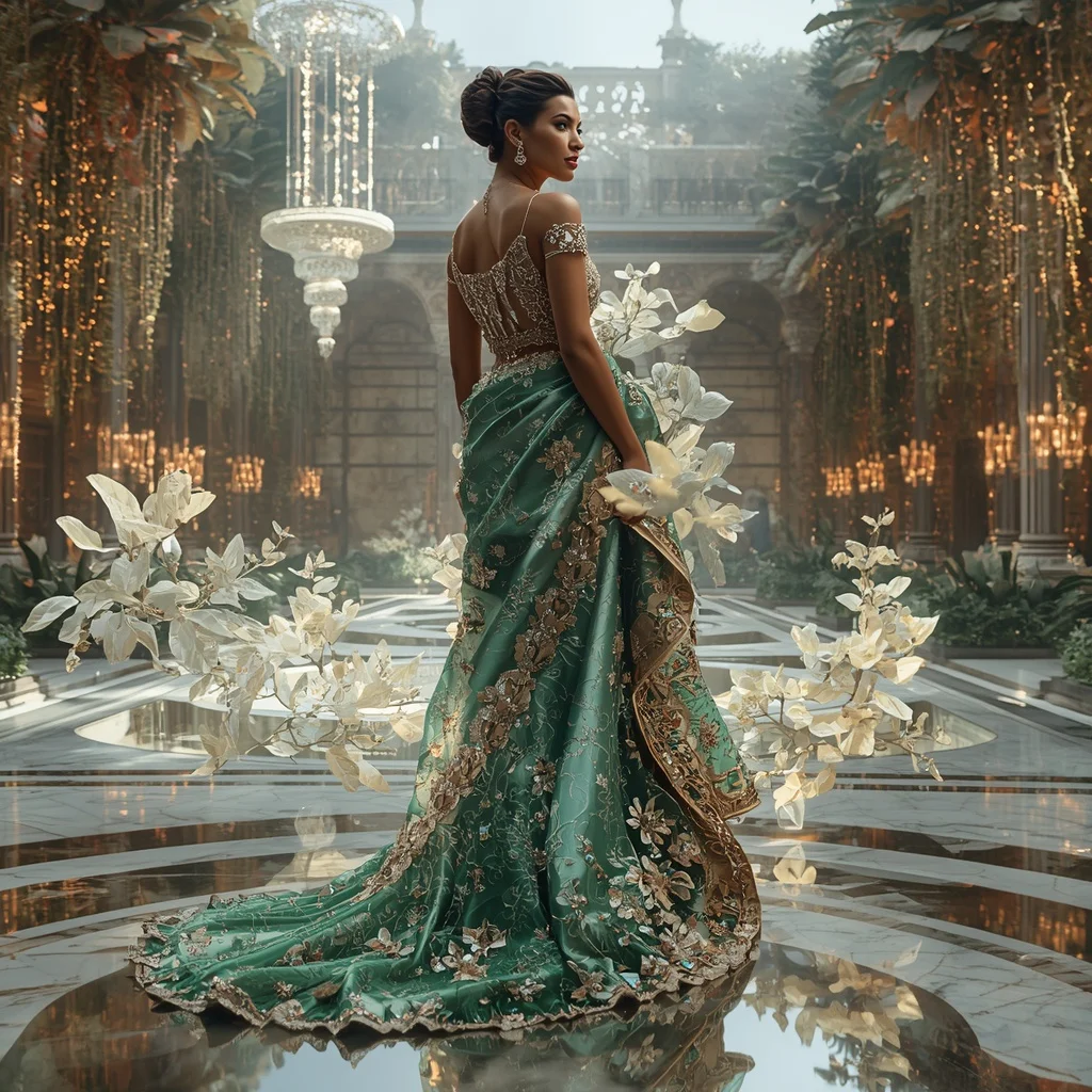 Crystal Hanging Garden Saree with Floating Palace Courtyard Universe | Prompt Chatgpt