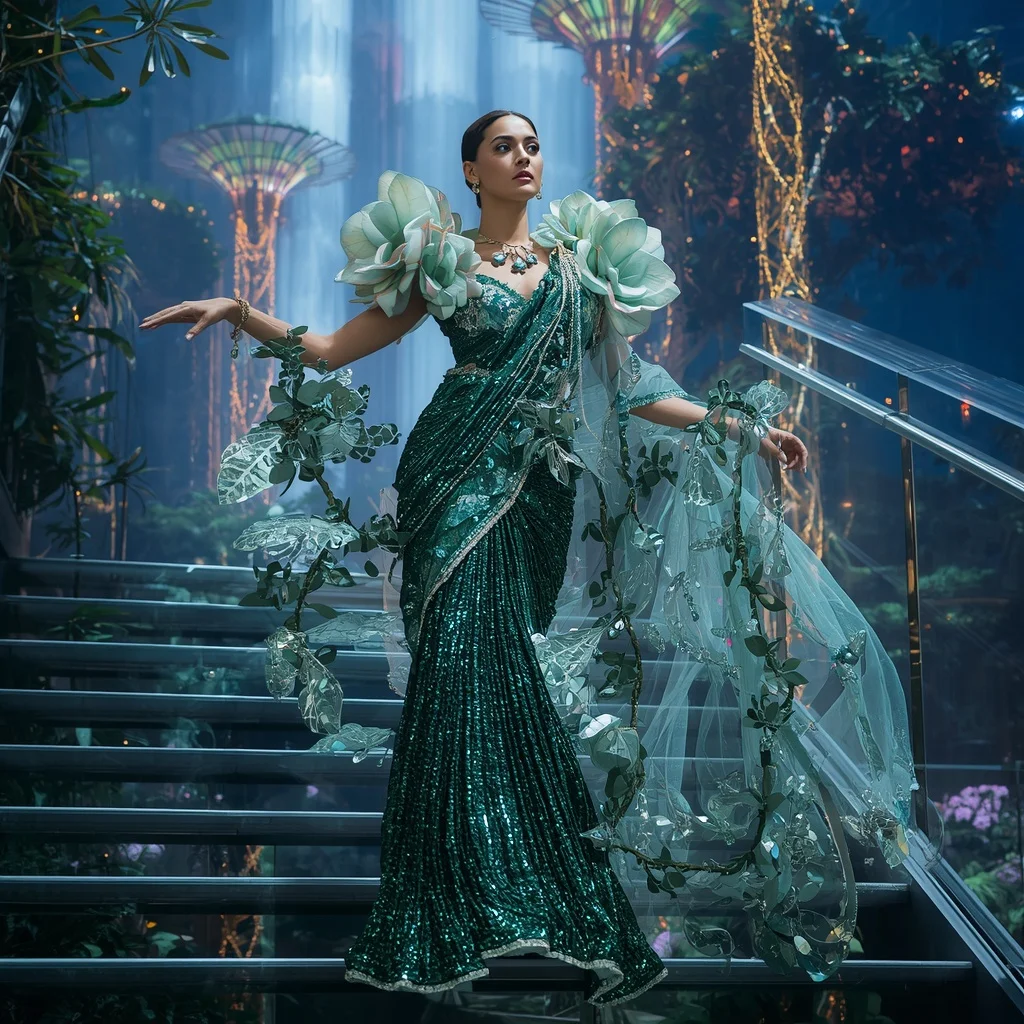 Crystal Hanging Garden Saree with Floating Vertical Paradise Kingdom | Prompt Seen Girl Photo Editing