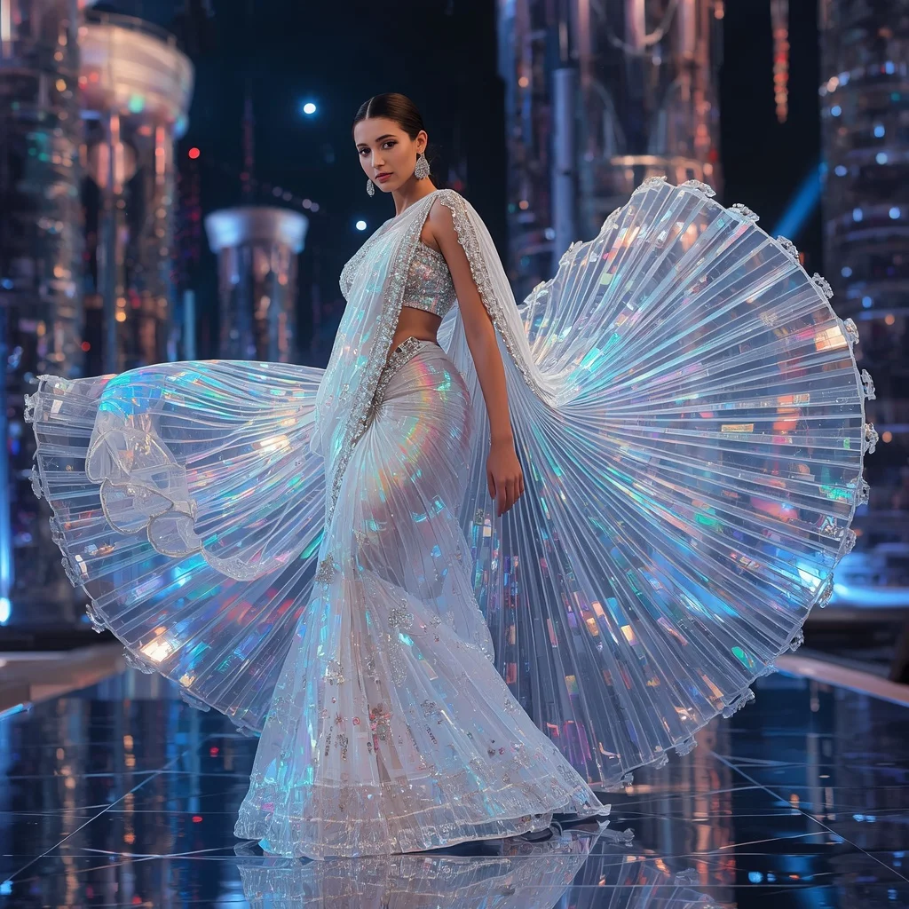 Crystal Hologram Wave Saree with Floating Digital Festival Metropolis | Anime Ai Prompt