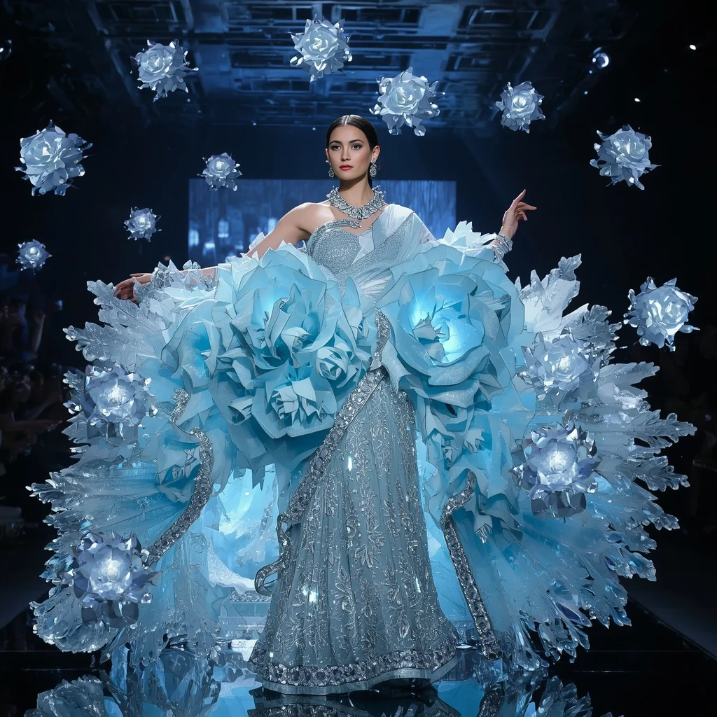 Crystal Ice Crystal Rose Saree with Frozen Bloom Galaxy Empire | Prompt For Gemini AI Girl Model