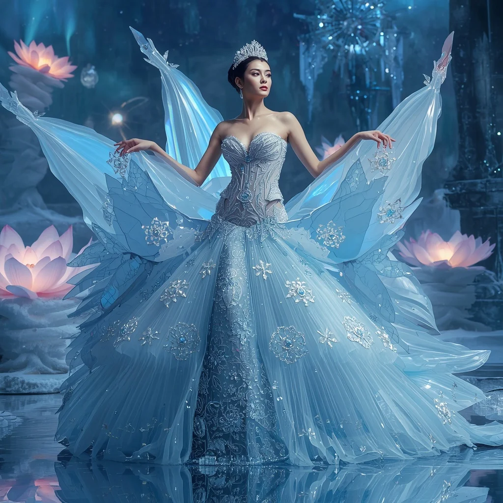 Crystal Ice Lotus Saree with Frozen Aurora Garden Kingdom | Gemini Photo Editing Prompt