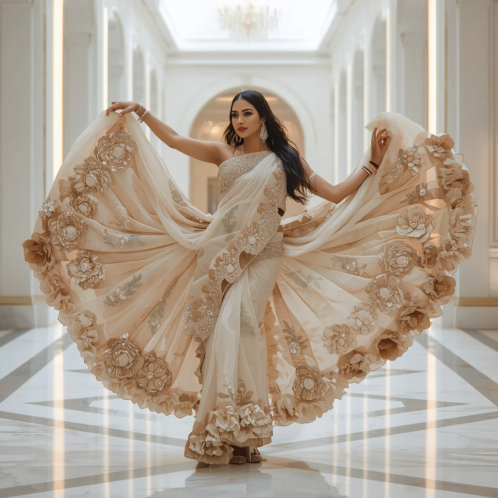 Crystal Infinity Bloom Saree with Luxury White Atrium | Prompt Ai