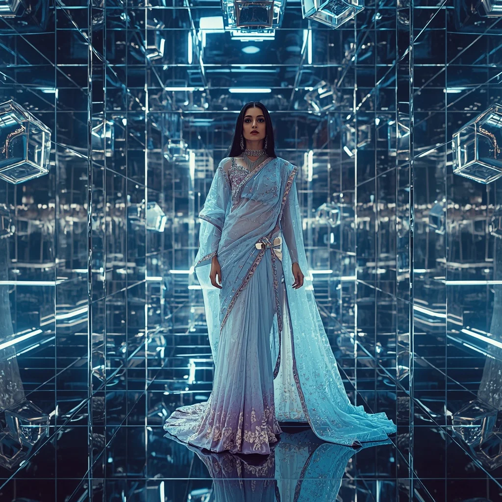 Crystal Infinity Cube Saree with Floating Cyber Reflection Universe | Instagram Reel Ai Prompt