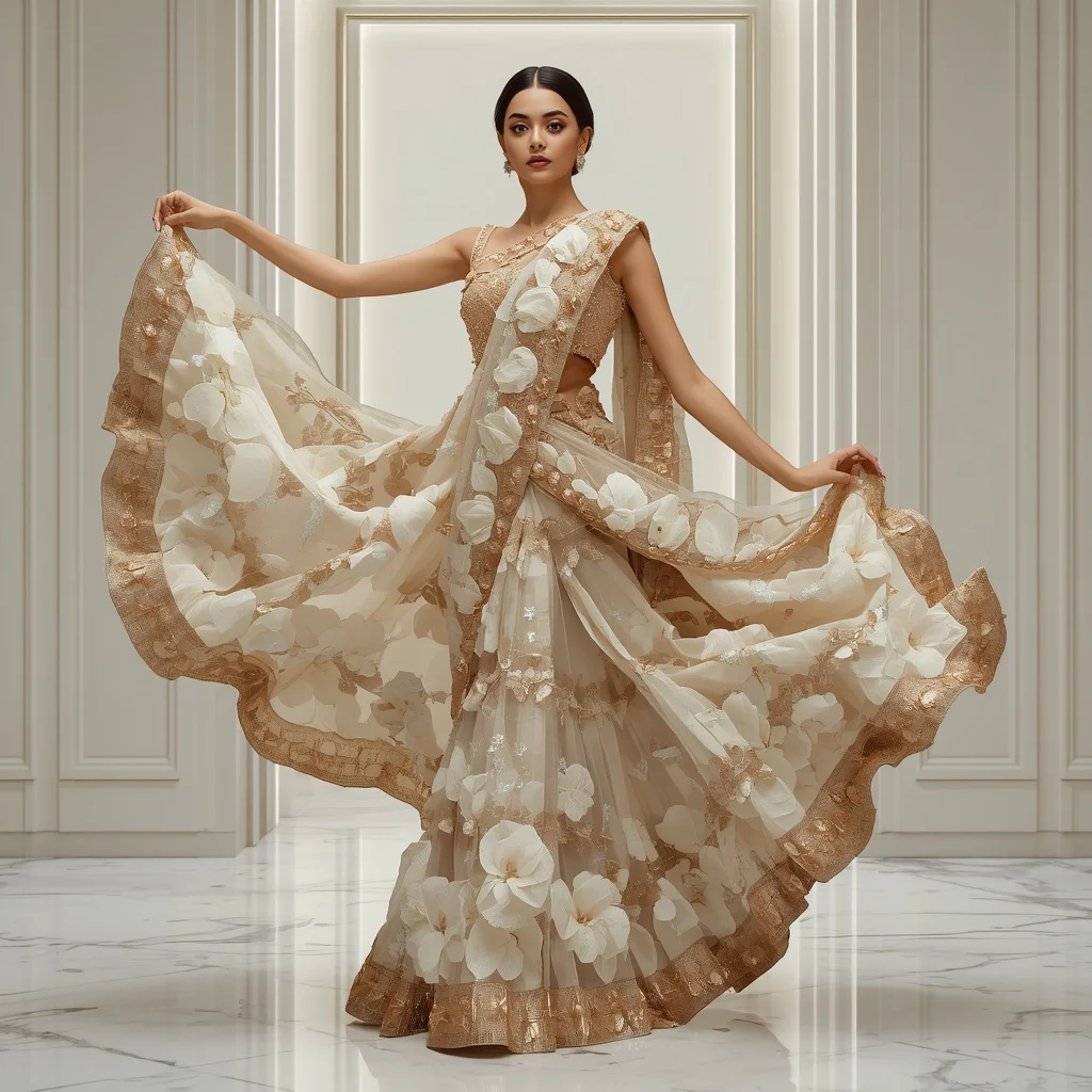 Crystal Infinity Peony Saree with Luxury White Gallery | Attitude Girl Prompt