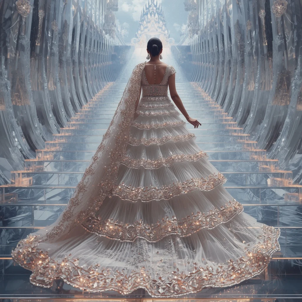 Crystal Infinity Staircase Saree with Floating Sky Temple Universe | Youtube Thumbnail Ai Prompt