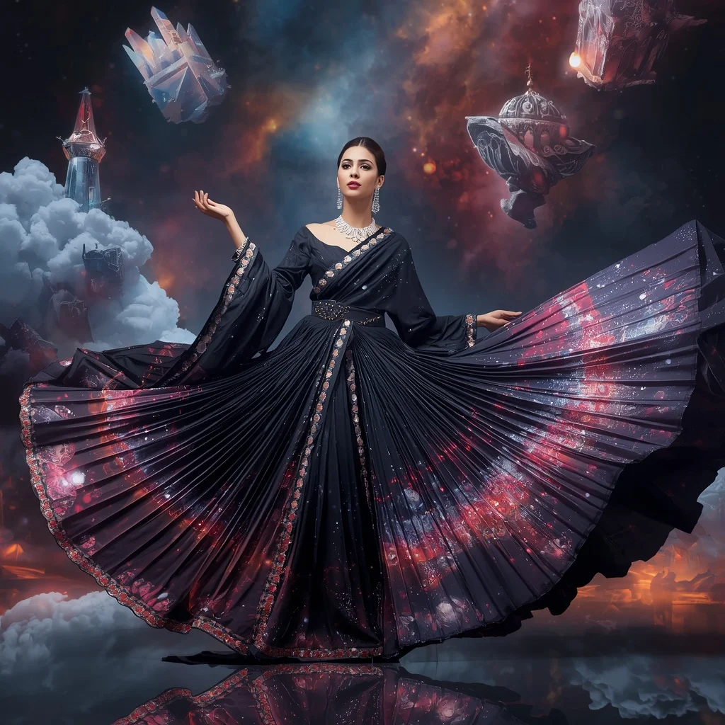 Crystal Ink Galaxy Saree with Floating Cosmic Painting Universe | Ai Prompt For Reels