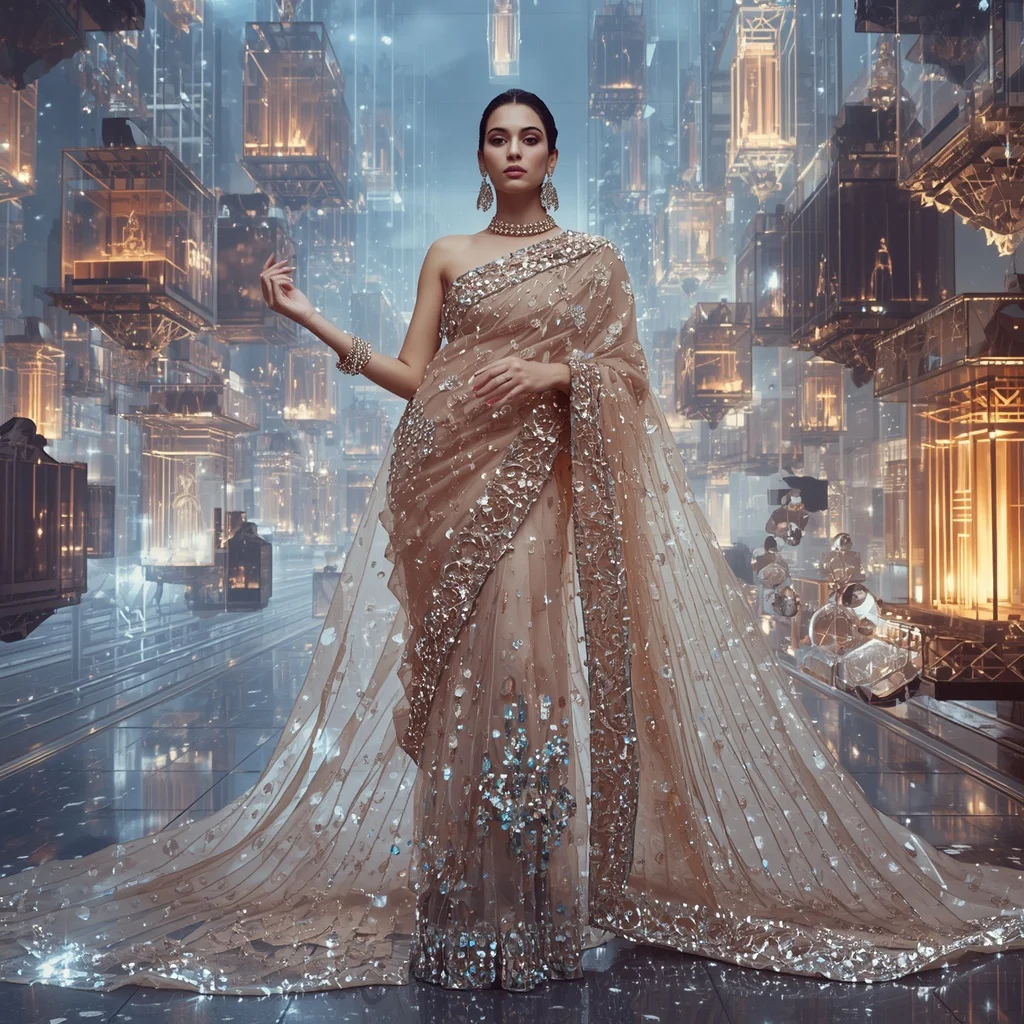 Crystal Jelly Cube Saree with Floating Transparent Metropolis | Prompt Seen Girl Photo Editing Trending