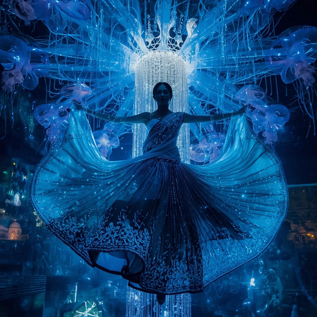 Crystal Jellyfish Palace Saree with Floating Deep Sea Crown Empire | Grok Ai Prompt
