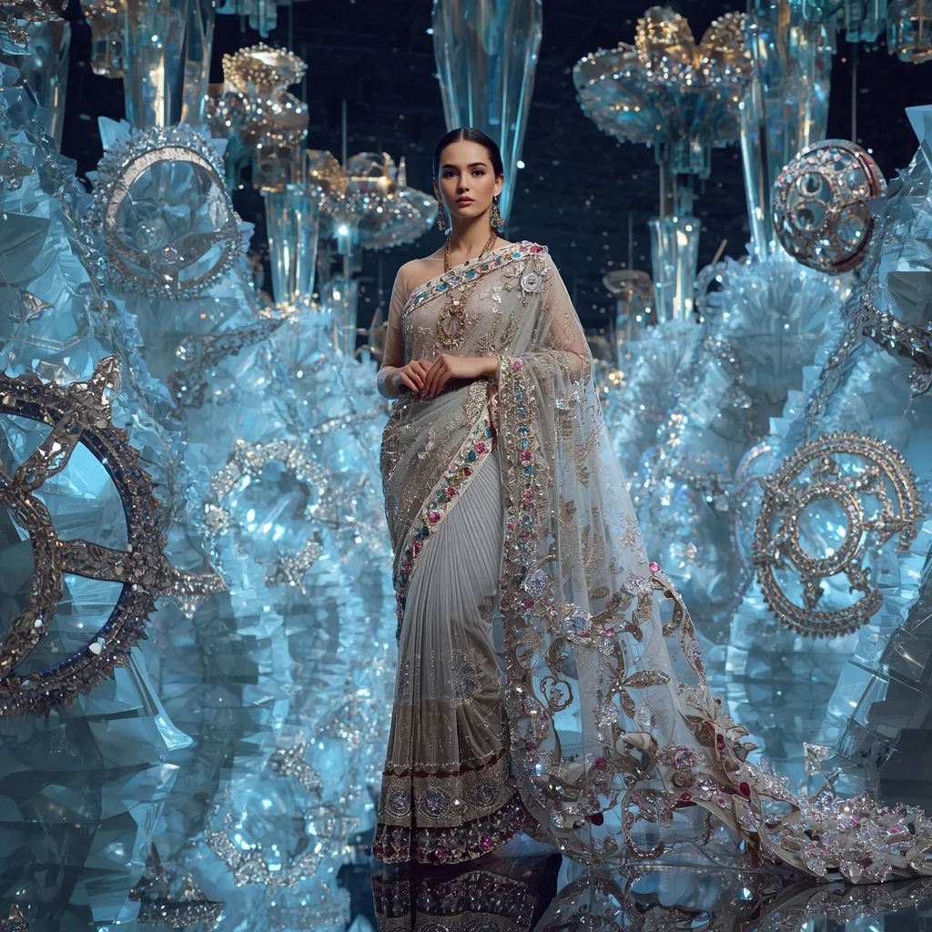 Crystal Jewelry Palace Saree with Floating Diamond Exhibition Universe | Prompt For Ai Image Editing