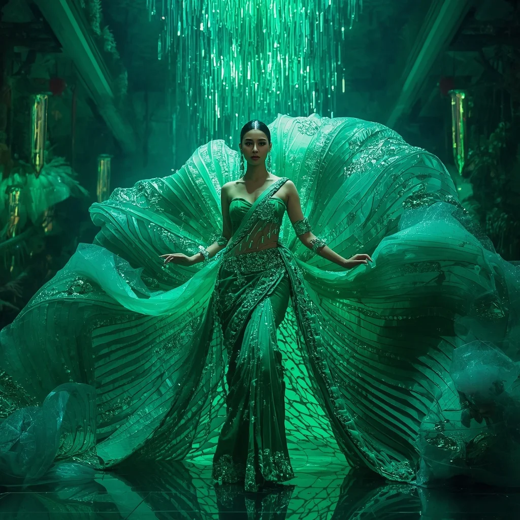 Crystal Jungle Waterfall Saree with Emerald Paradise Megacity | Free Ai Prompt