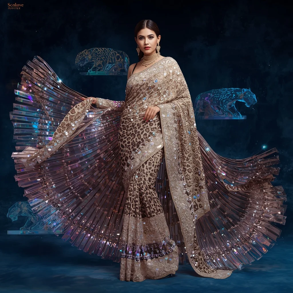 Crystal Leopard Mirage Saree with Neon Safari Megaverse | Prompt For Gemini Ai Girl In Saree Copy And Paste