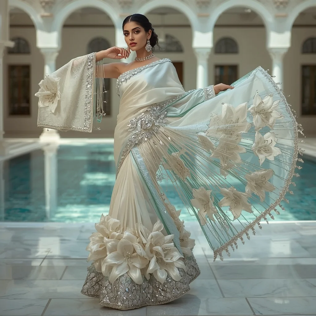 Crystal Lily Fountain Saree with Luxury Aqua Courtyard | Ai Gemini Photo Prompt