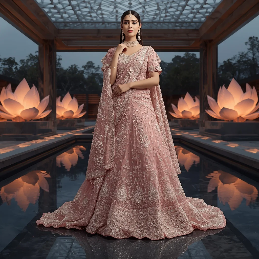 Crystal Lotus Architecture Saree with Modern Temple Pavilion | Prompt AI For Girl