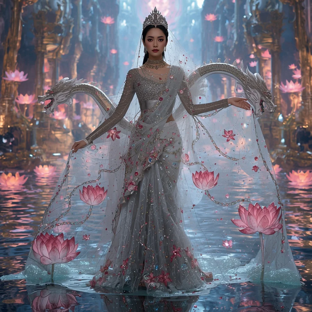 Crystal Lotus Dragon Saree with Floating Temple River Empire | Korean Ai Prompt