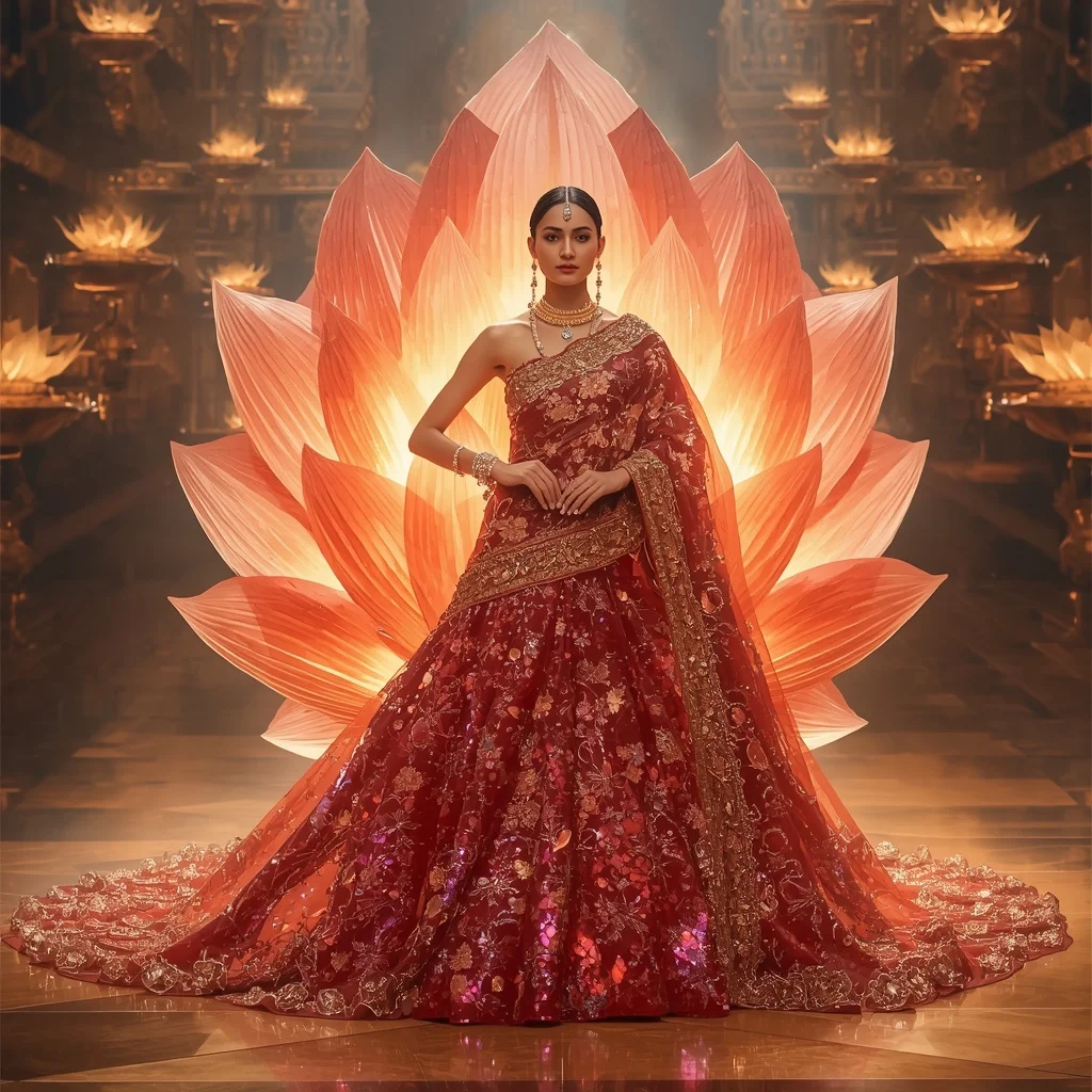 Crystal Lotus Fire Saree with Floating Sacred Flame Kingdom | Trending Girl Photo Prompt