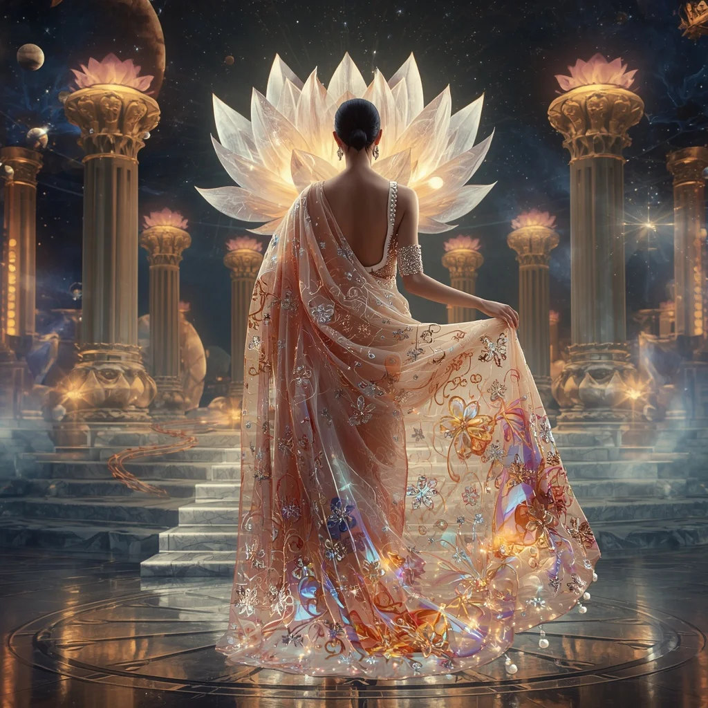 Crystal Lotus Observatory Saree with Floating Celestial Bloom Citadel | Realistic Ai Prompt