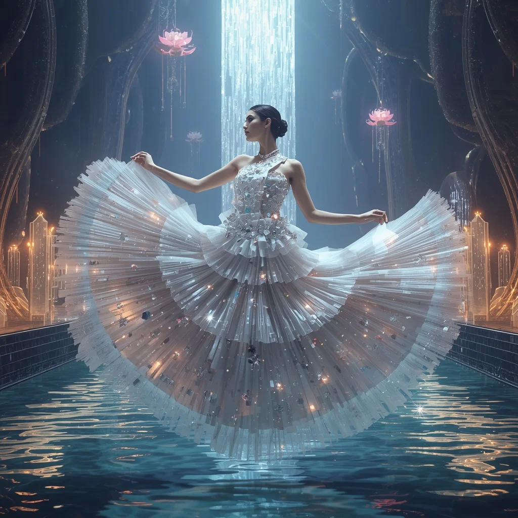 Crystal Lotus Waterfall Saree with Floating Sacred River Universe | New Instagram Trend Prompt For Girl Aesthetic