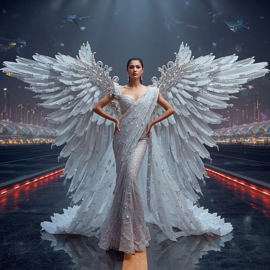 Crystal Luxury Airport Saree with Floating Aviation Megacity | Saree Prompt For Chatgpt In English