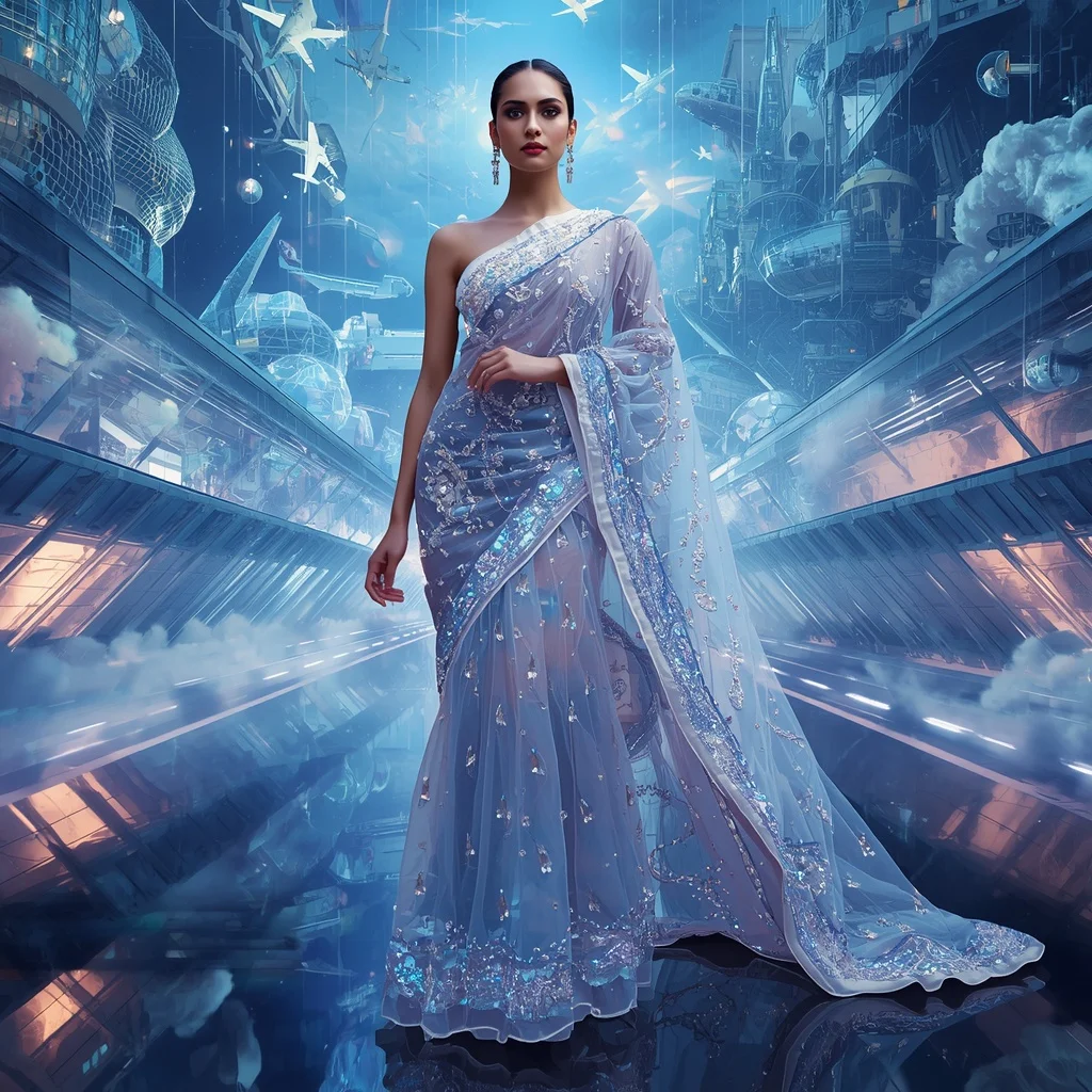Crystal Luxury Airport Saree with Floating Sky Terminal Empire | Chatgpt Prompt