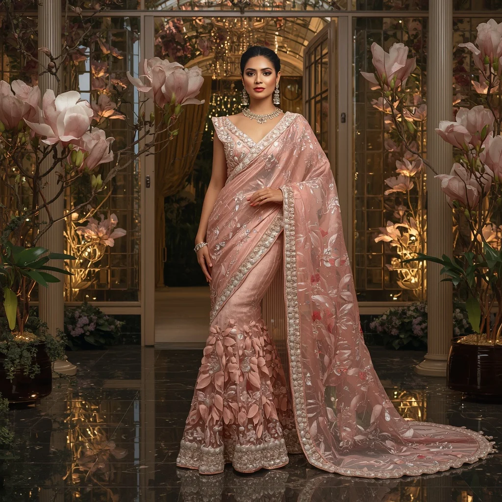 Crystal Magnolia Empire Saree with Botanical Glass Pavilion | Happy Ai Prompt