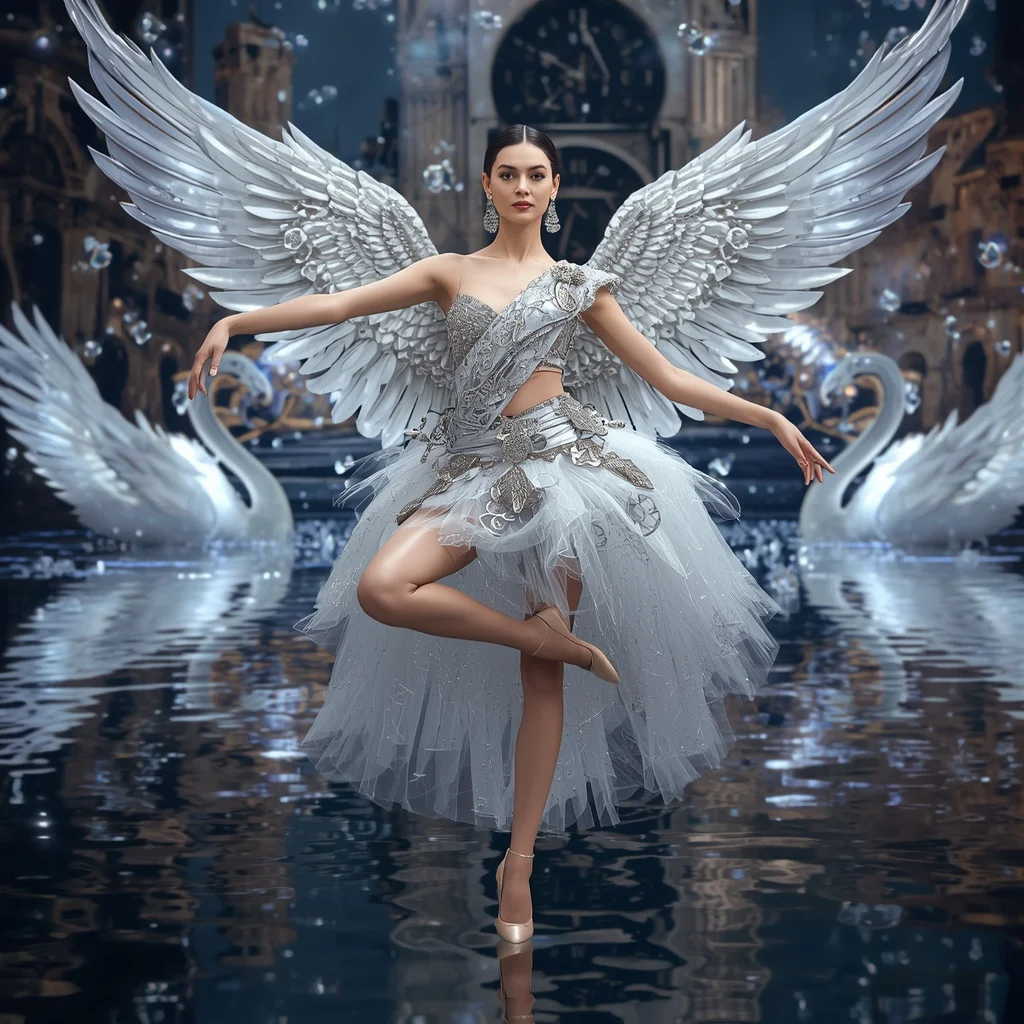 Crystal Mechanical Swan Saree with Floating Clock Lake Kingdom | Cute Prompt For Girls In Saree Aesthetic