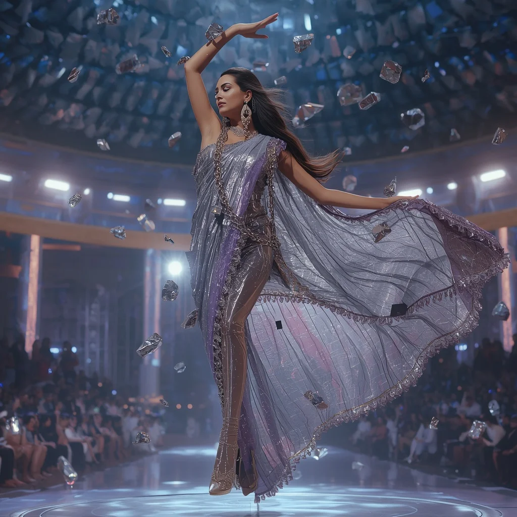 Crystal Meteor Alloy Saree with Cosmic Fragment Arena Dome | 4k Ai Prompt