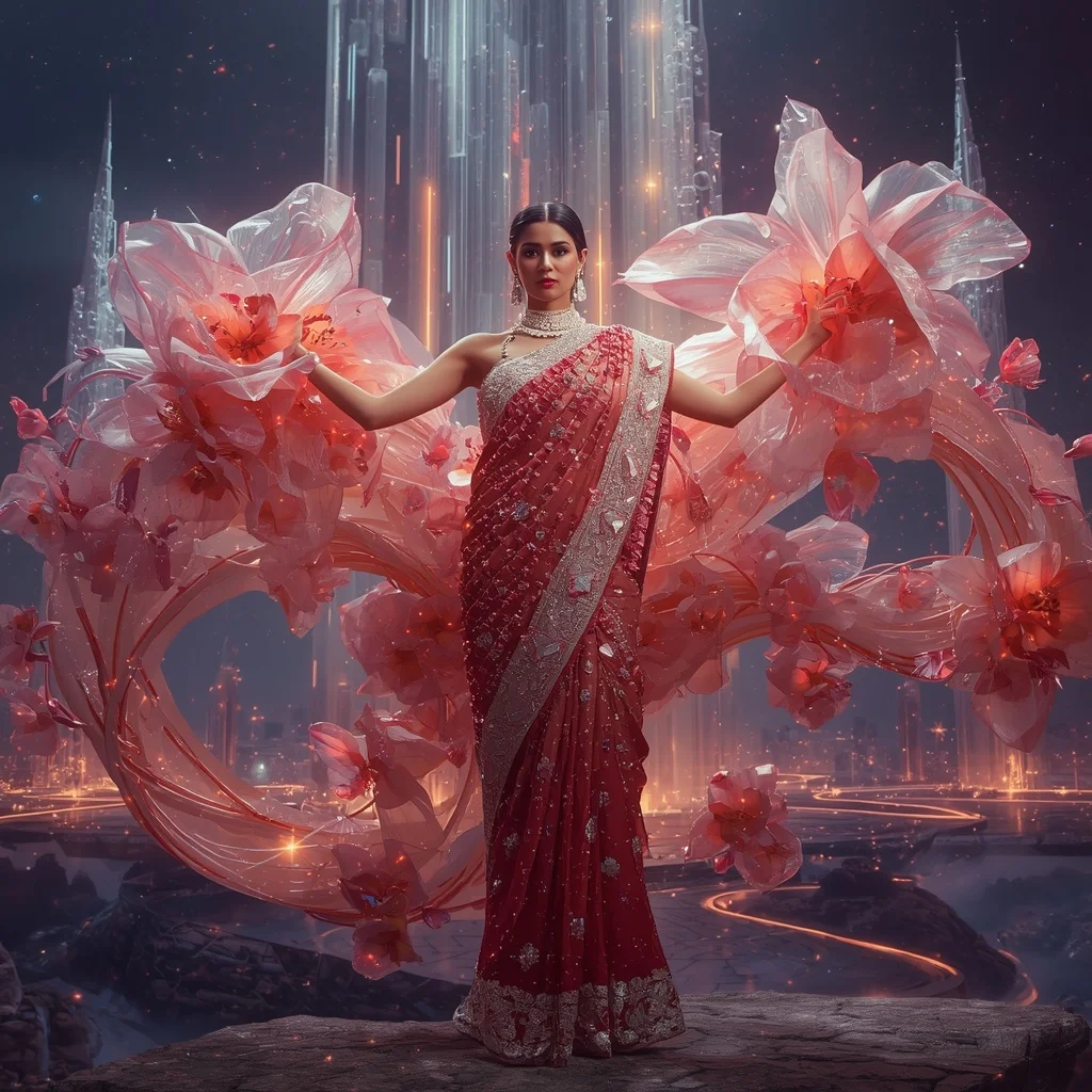 Crystal Meteor Bloom Saree with Floating Cosmic Flower Citadel | Ai Prompt For Reels