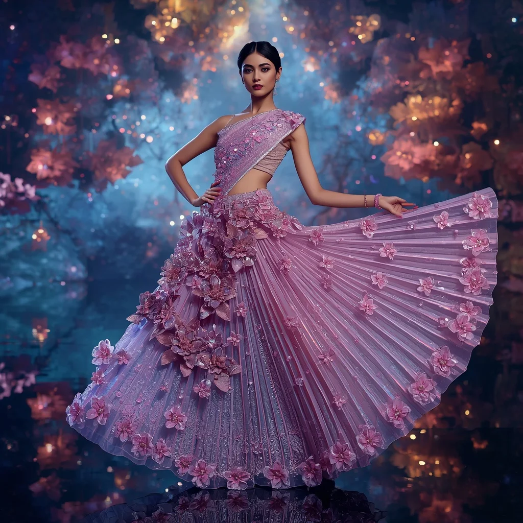 Crystal Meteor Garden Saree with Floating Celestial Flower Realm | Gemini Ai Prompt Copy Paste